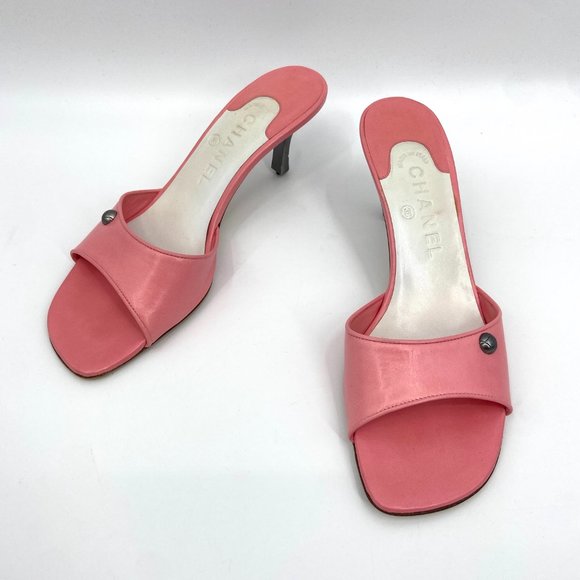CHANEL Pink Y2K Square Toe Leather Slip On CC Logo Sandals Heels Size 7 - Picture 3 of 7